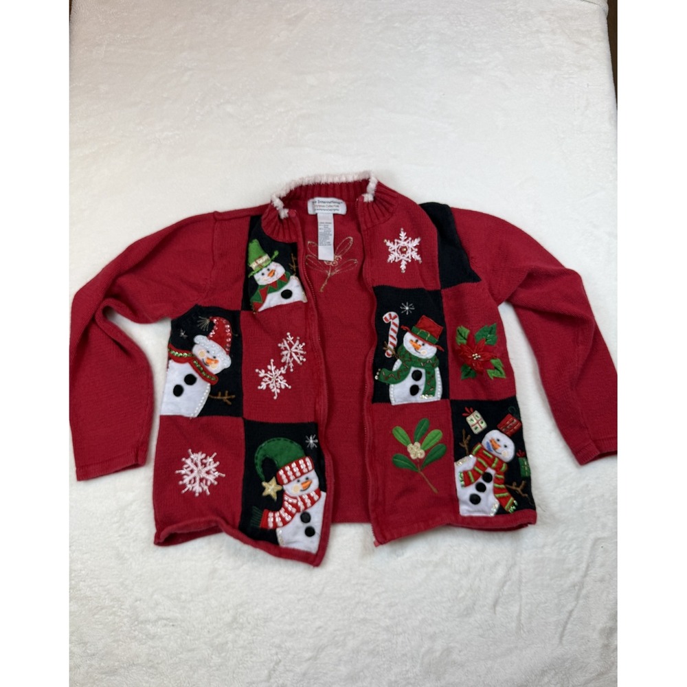 Tiara International Christmas Snowman Cardigan Large Broken Zipper